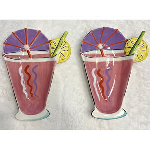 Set of 2 Clay‎ Art Summer Drink Lemon, Straw, Umbrella Dessert Bowls Pink